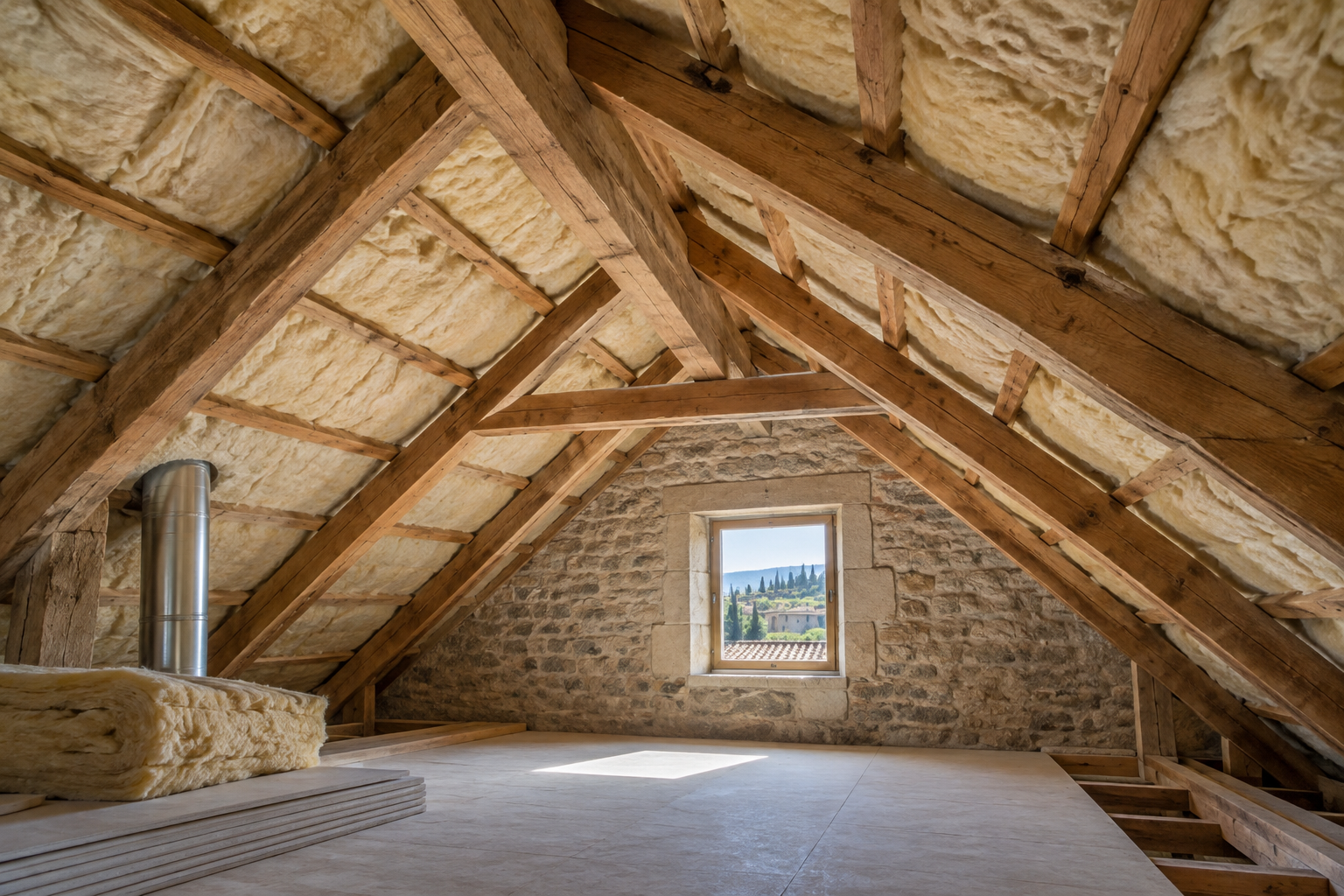Isolation entre les chevrons d’une toiture dans les combles d’une maison du Gard