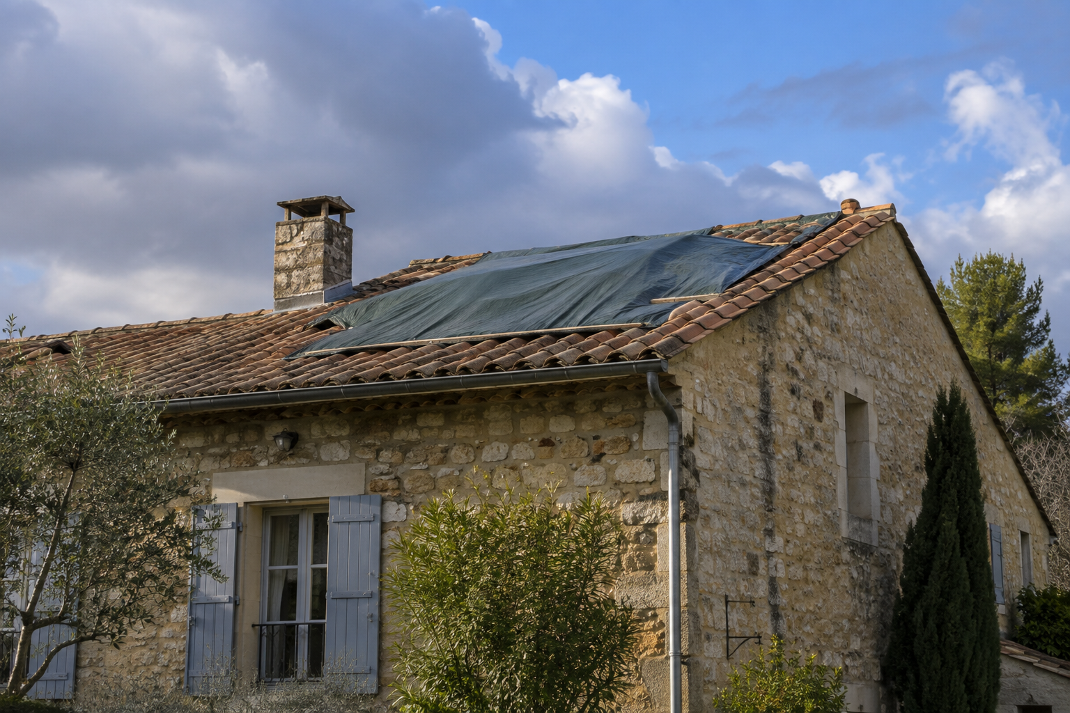 Bâchage toiture après tempête Gard : protection provisoire sur un toit en tuiles près de Nîmes.