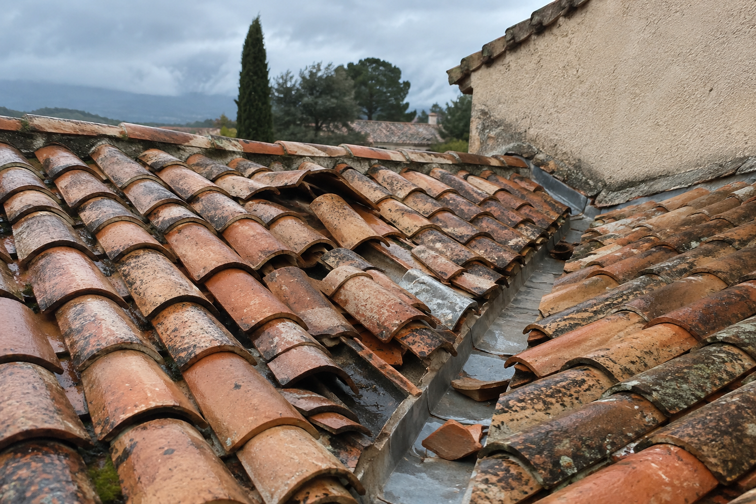 Tuiles déplacées et cassées sur une toiture du Gard après de fortes intempéries.