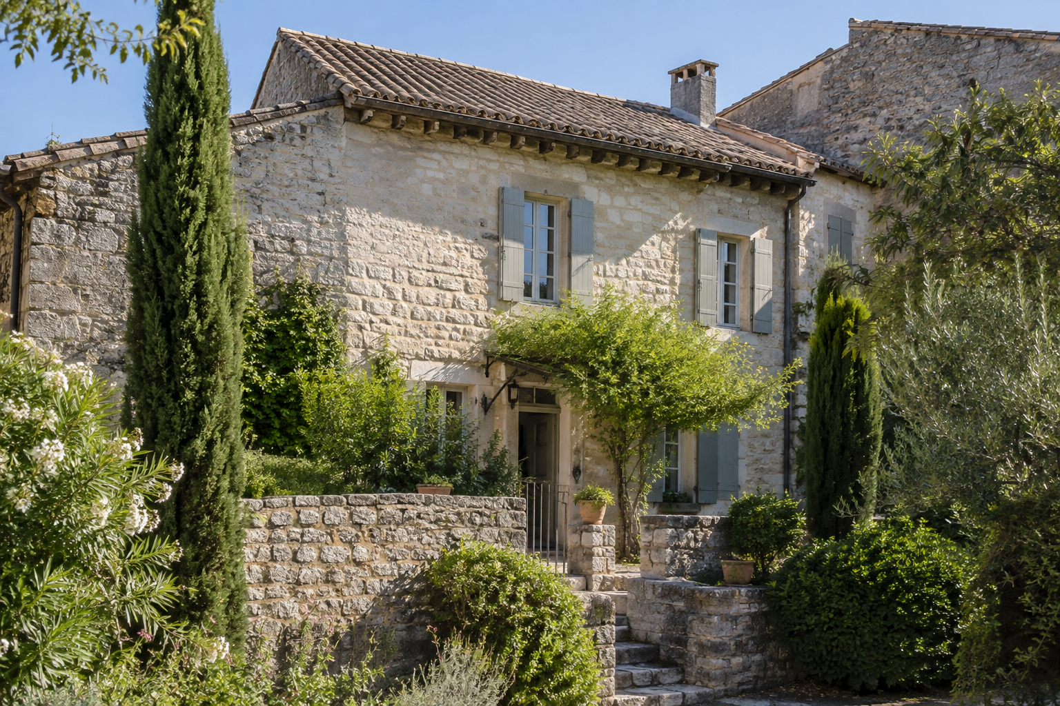 Charpente maison en pierre Caveirac : toiture en tuiles et débords en bois