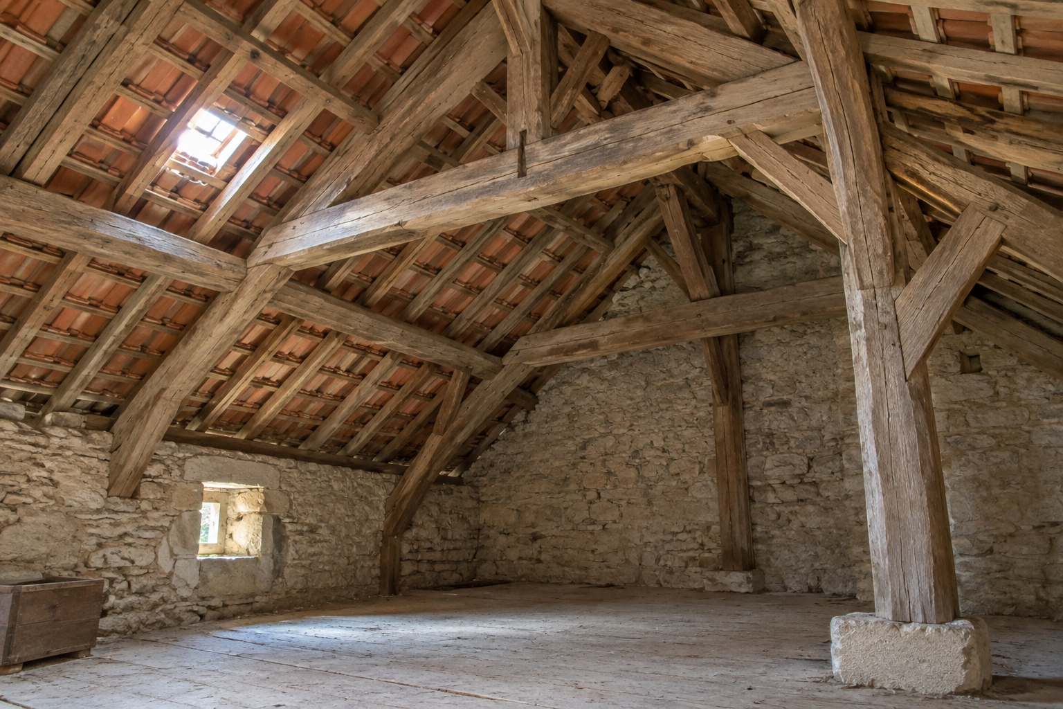 Poutres et assemblages d’une charpente ancienne sous le toit d’une maison en pierre