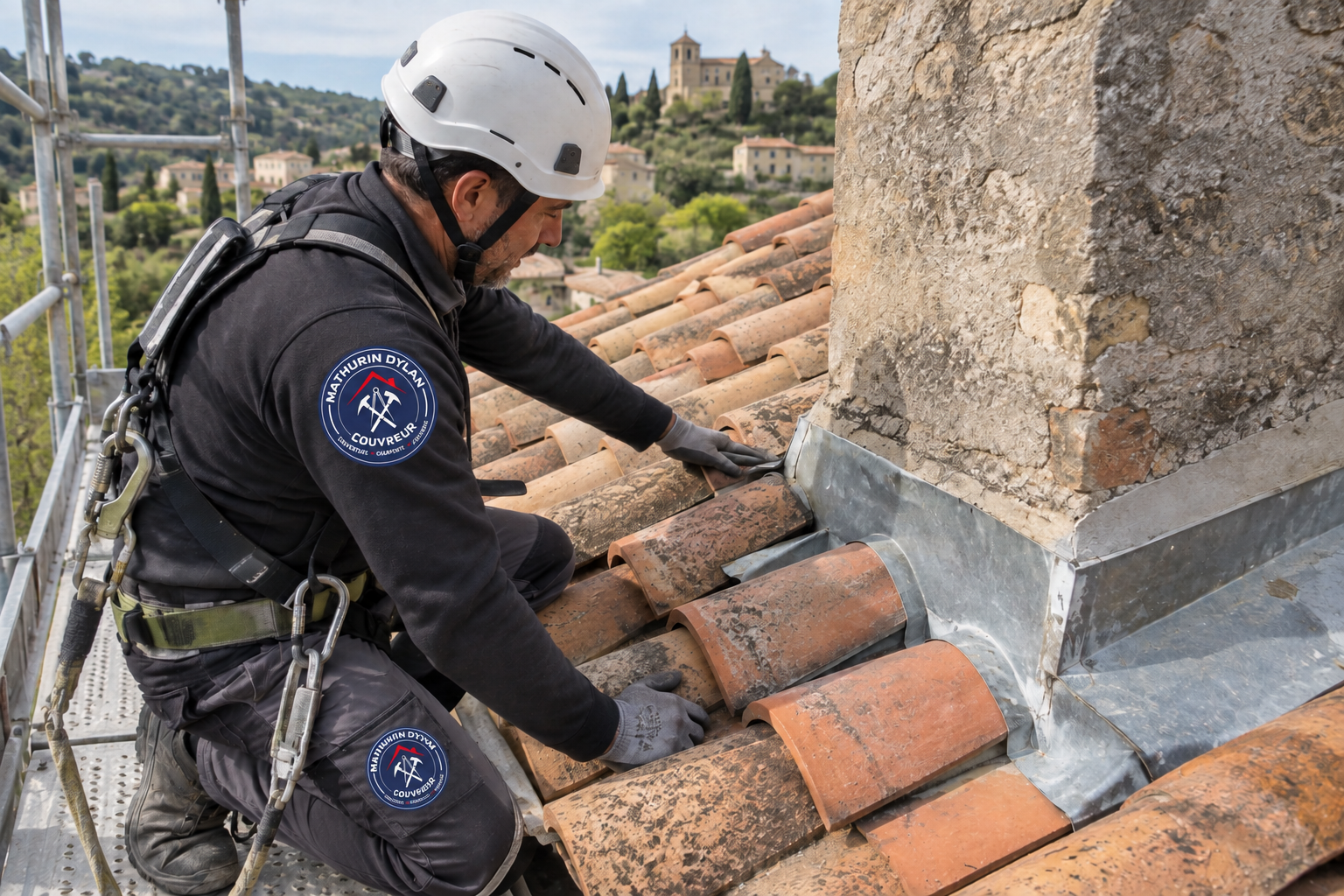 Couvreur inspectant les tuiles et le raccord d’une cheminée sur une toiture dans le Gard