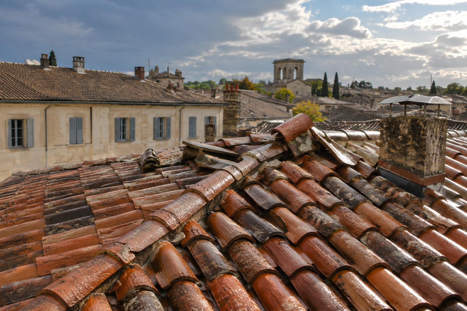 Toiture en tuiles endommagée après un orage, illustrant le besoin d’un couvreur urgence Nîmes.