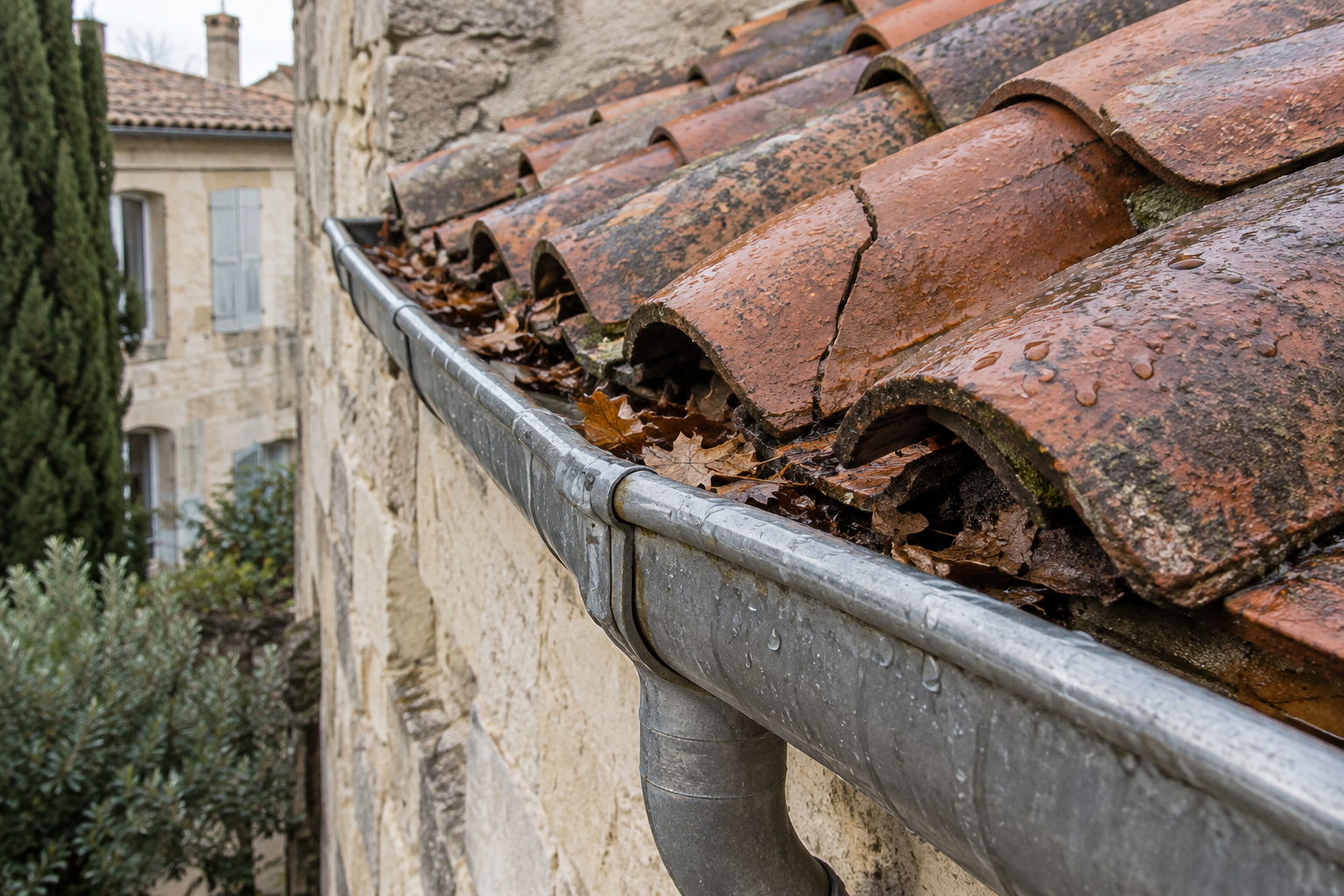 Tuile fissurée et feuilles dans une gouttière sur une toiture traditionnelle à Nîmes.