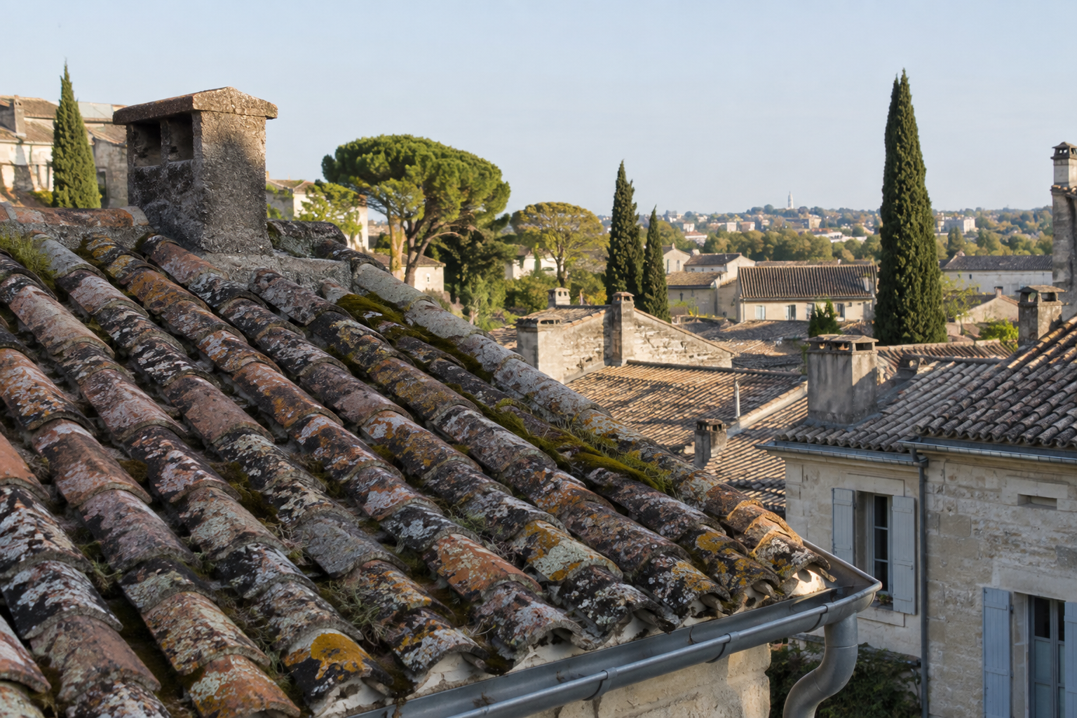 Toiture en tuiles avec mousses avant un démoussage de toiture Nîmes