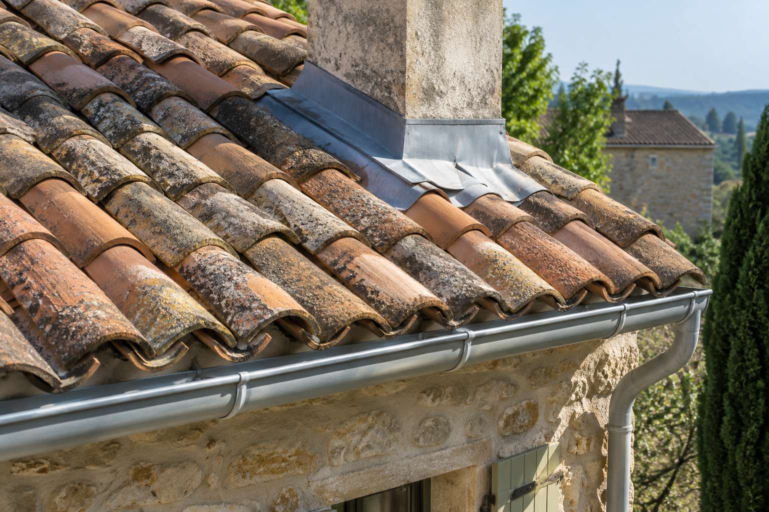 Tuiles anciennes et raccord de cheminée sur une toiture du Gard