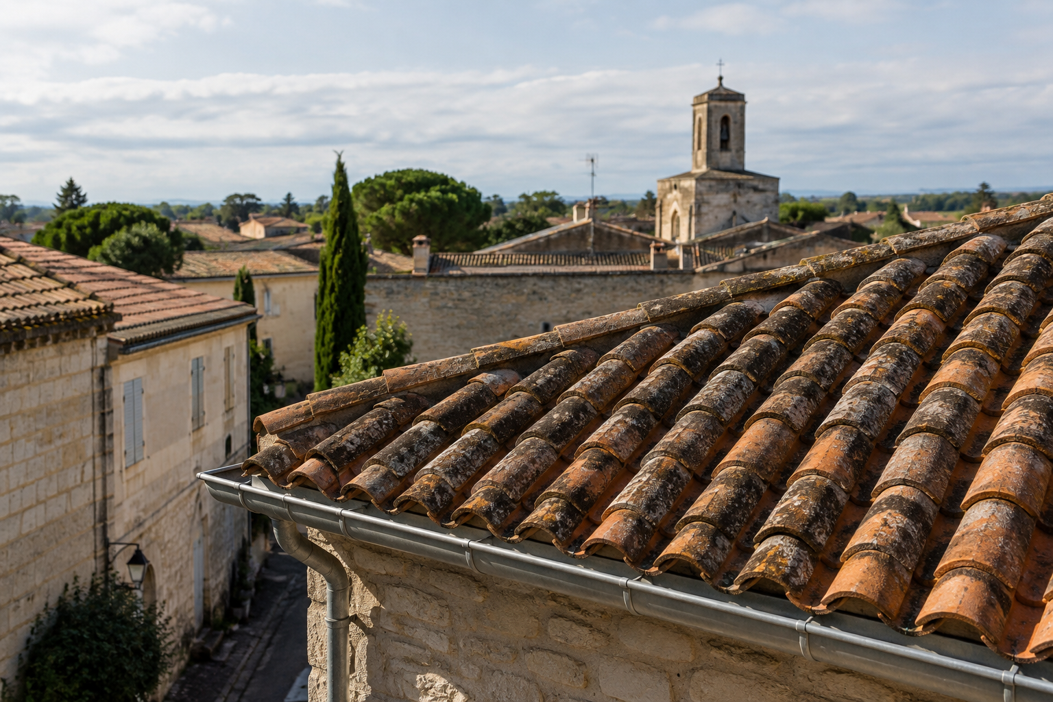 Entretien toiture Aimargues humidité : tuiles en terre cuite et mousses sur un versant ombragé.