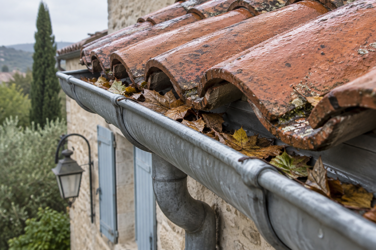 Feuilles humides accumulées dans une gouttière sous une toiture en tuiles à Aimargues.