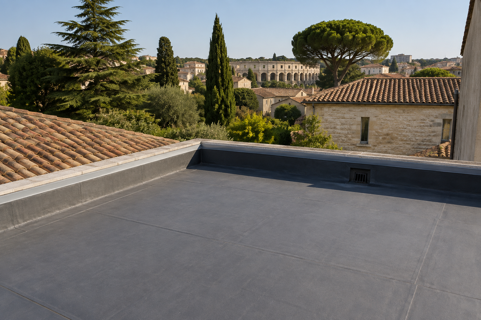 Étanchéité toit terrasse Nîmes : membrane et relevés sur une maison du Gard