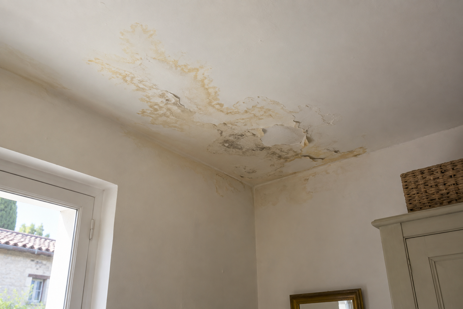 Auréole d’humidité et peinture cloquée sur un plafond après une infiltration d’eau