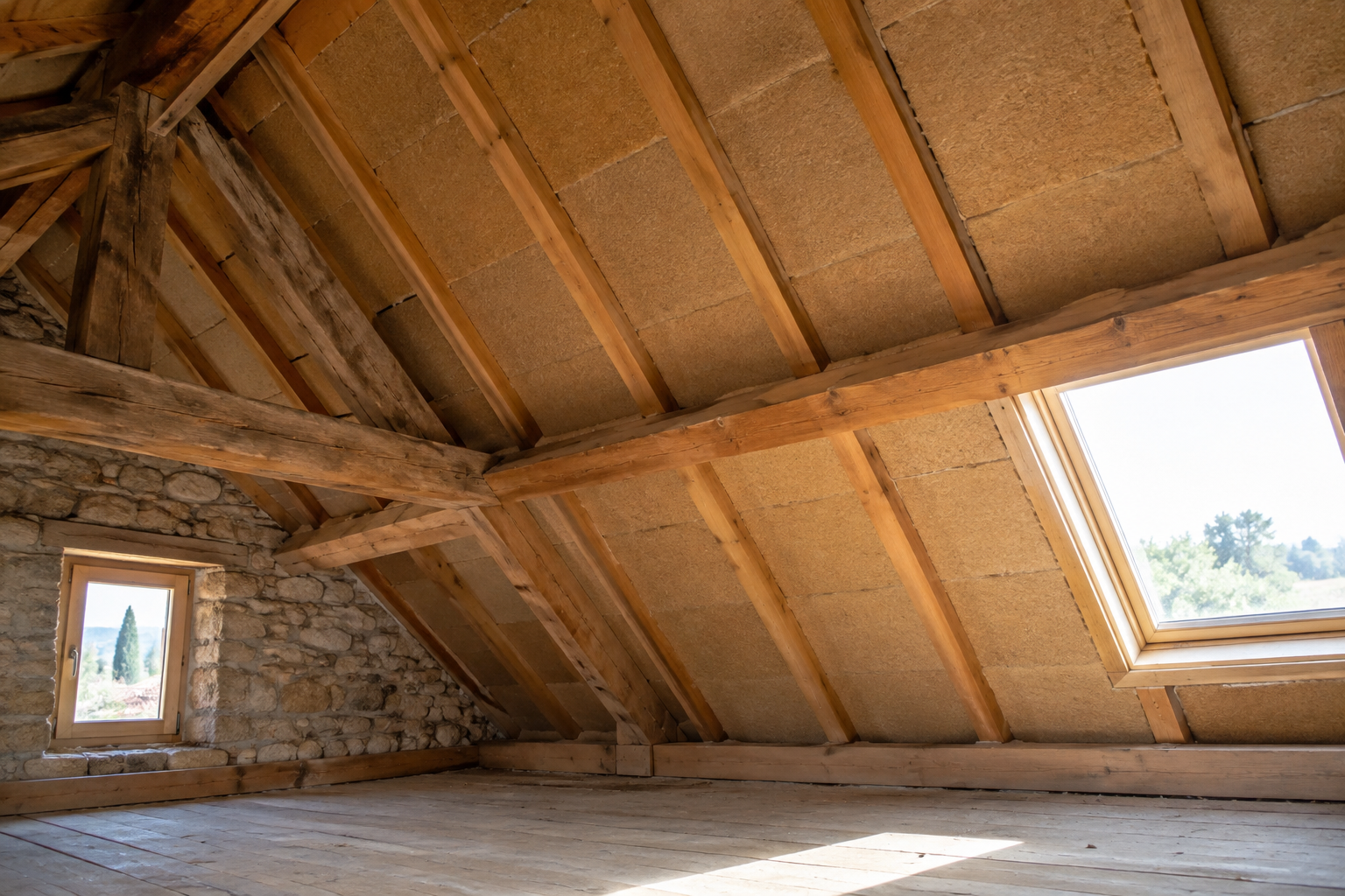 Panneaux isolants posés entre les chevrons d’une toiture dans des combles en rénovation.