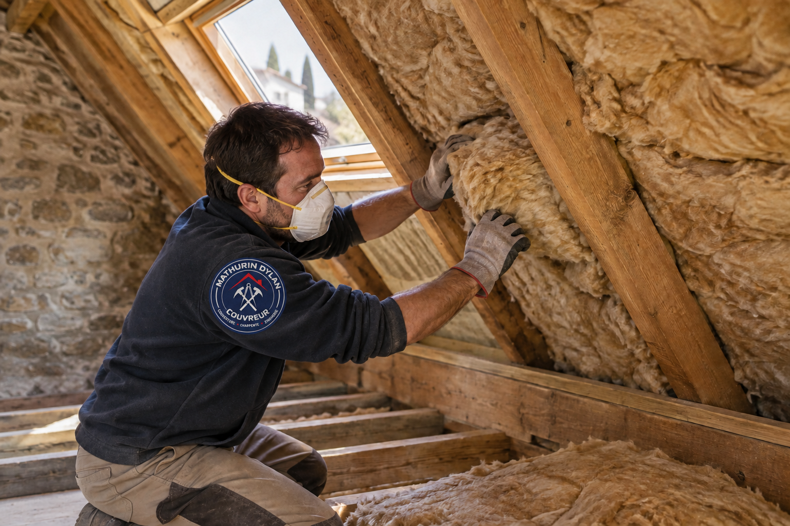 Pose d’un isolant entre les chevrons dans les combles d’une maison du Gard