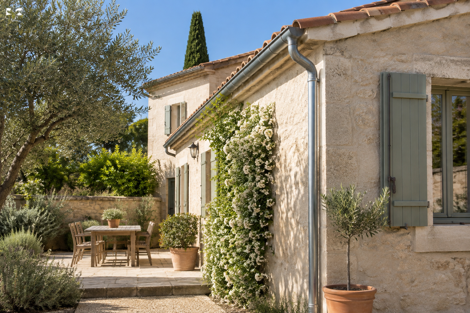 Nettoyage gouttières Vauvert : gouttière en zinc sur une toiture en tuiles du Gard