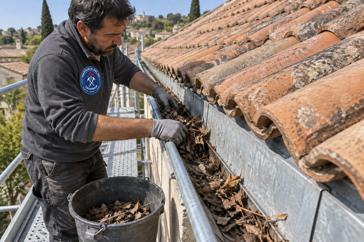 Retrait des feuilles dans une gouttière en zinc au bord d’une toiture en tuiles