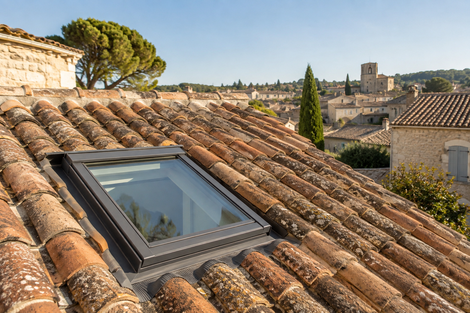 Pose de fenêtre de toit Bouillargues sur une couverture en tuiles traditionnelles du Gard.