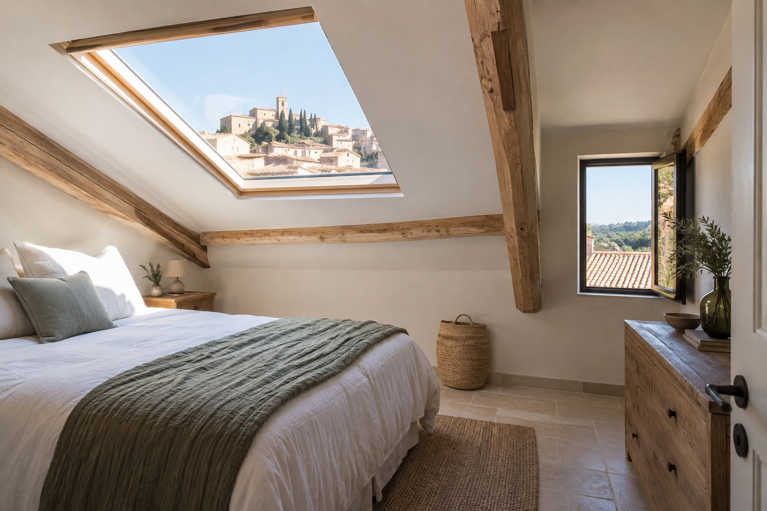 Chambre sous combles éclairée par une fenêtre de toit avec vue sur les tuiles méditerranéennes.