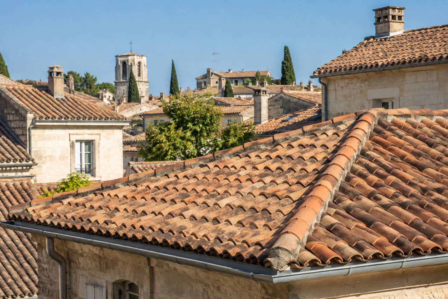 Prix rénovation toiture Gard : couverture en tuiles sur une maison à Nîmes