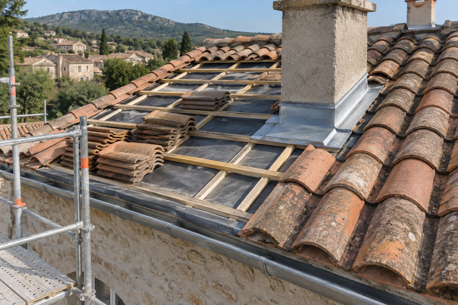 Détail d’une rénovation de toiture en tuiles avec liteaux et raccord de cheminée