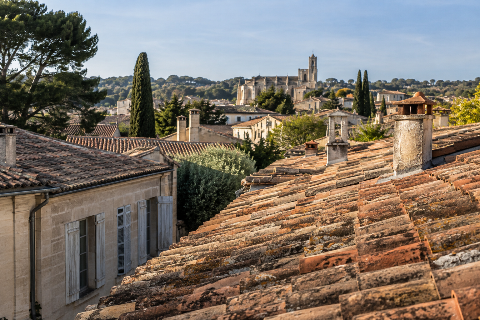 Quand faire démousser son toit Gard : toiture en tuiles à Nîmes au printemps.