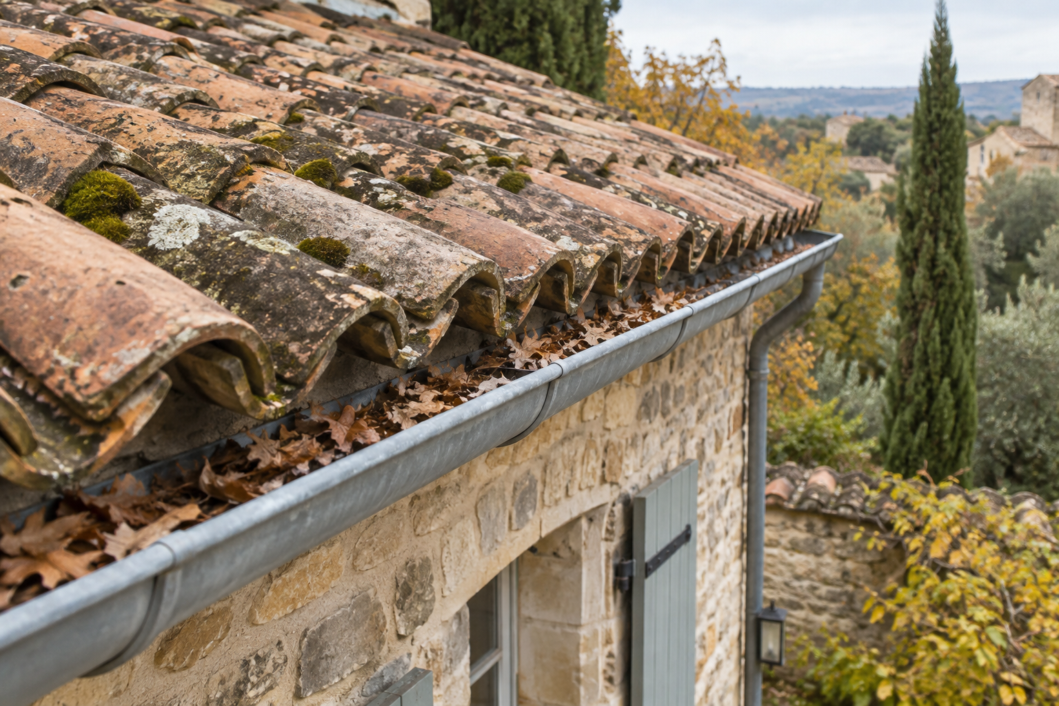 Mousses entre les tuiles et feuilles dans une gouttière sur une toiture du Gard.