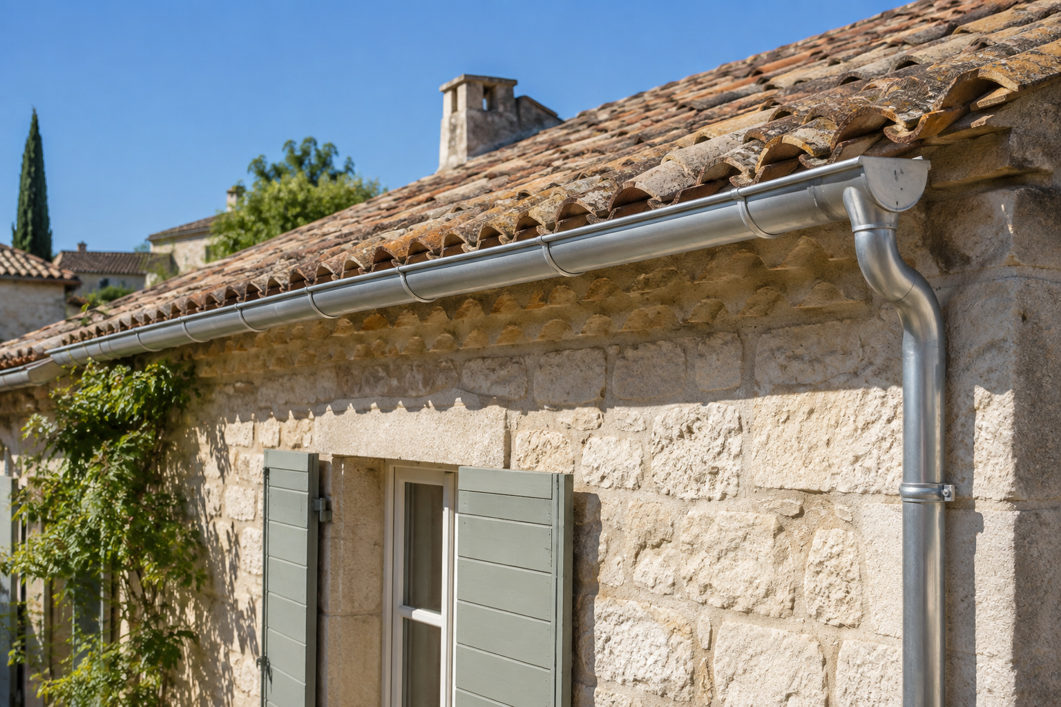 Remplacement gouttières Beaucaire : gouttière en zinc sous une toiture en tuiles du Gard.