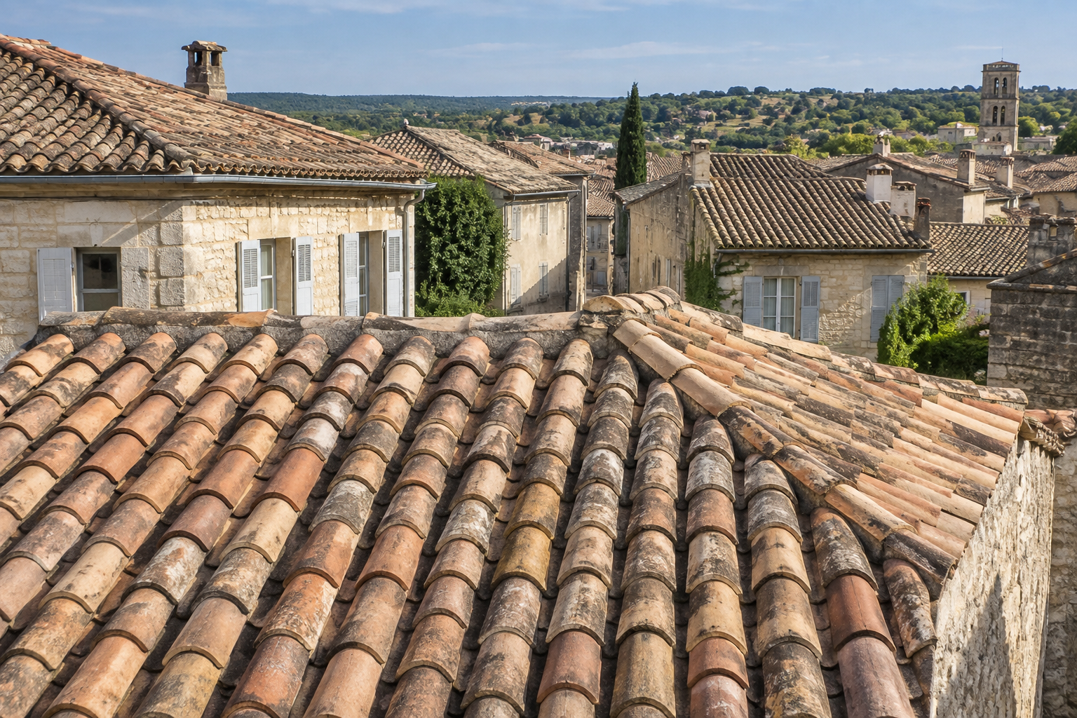 Remplacement de tuiles canal à Uzès sur une toiture traditionnelle en terre cuite.