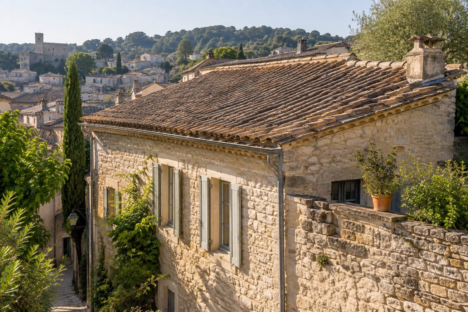 Rénovation toiture maison ancienne Sommières : couverture en tuiles canal et génoises préservées.