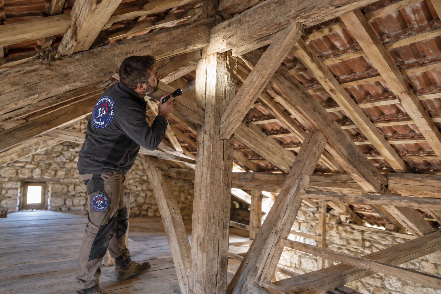 Inspection des assemblages d’une charpente ancienne avant la rénovation d’une toiture dans le Gard.