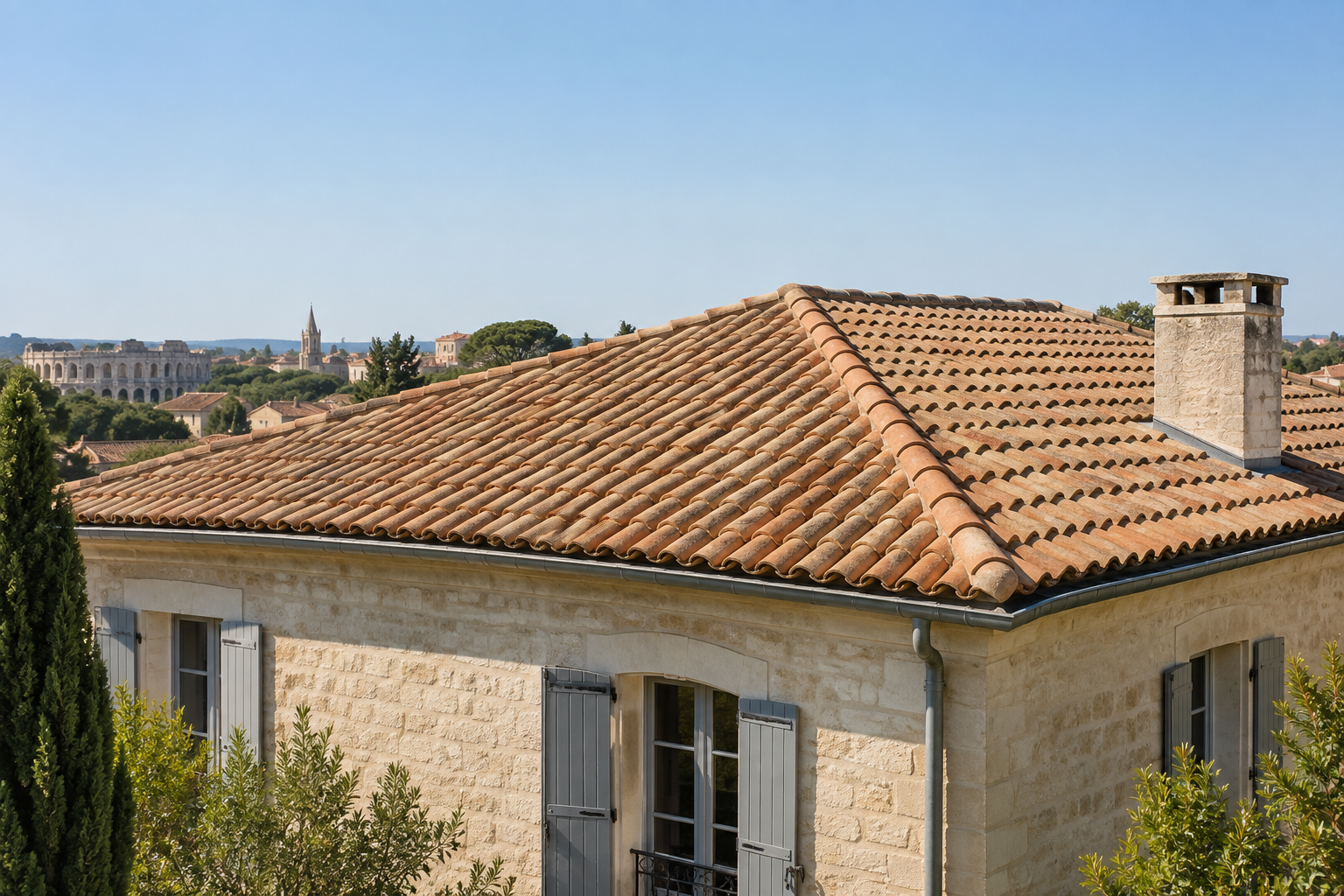 Rénovation de toiture Nîmes : couverture en tuiles de terre cuite sur une maison du Gard.