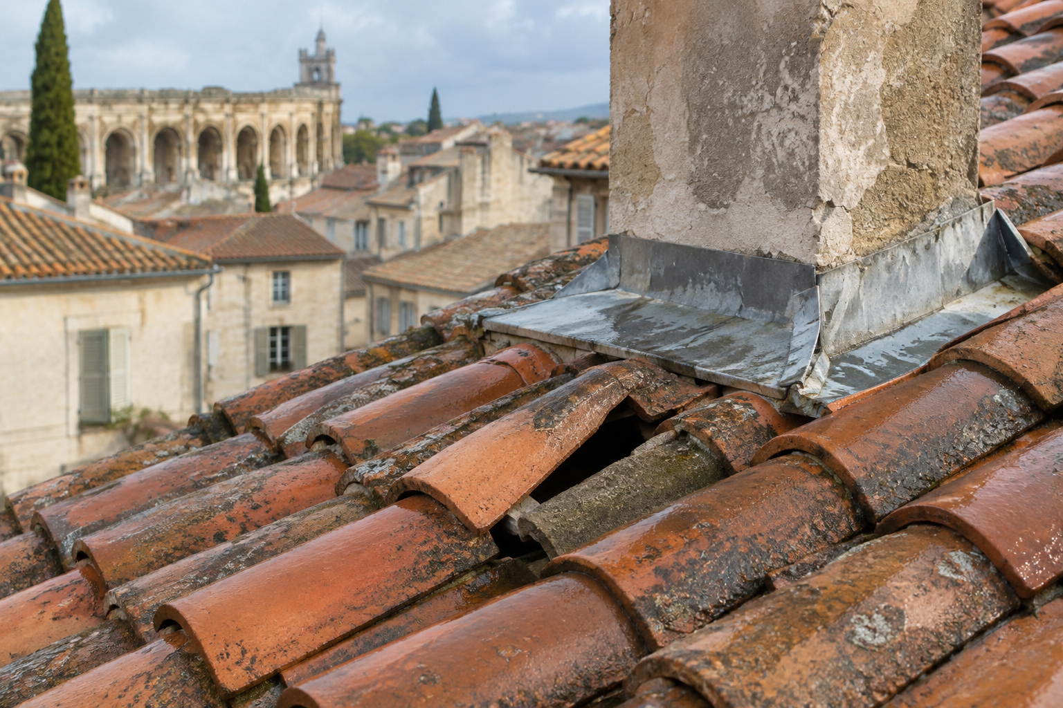 Réparation de fuite toiture Nîmes : tuiles déplacées près d’une cheminée sur un toit du Gard.