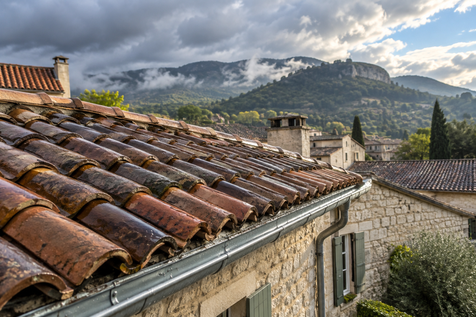 Toiture après épisode cévenol Alès : tuiles en terre cuite humides et gouttière sous un ciel dégagé.