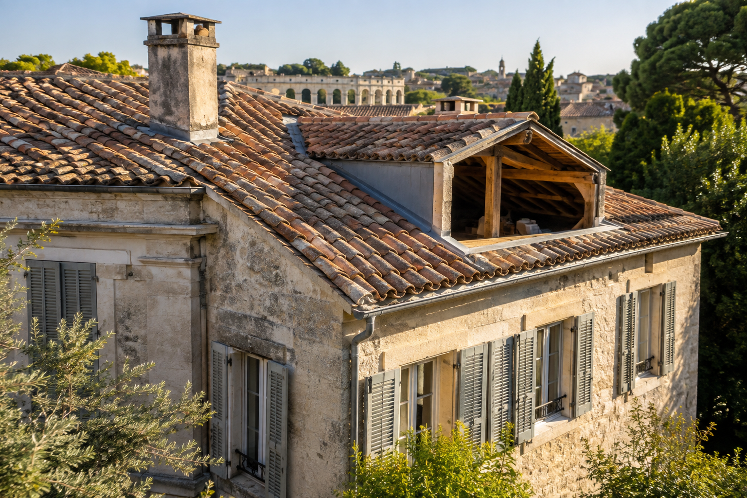Traitement charpente bois capricornes Gard : toiture en tuiles et charpente apparente à Nîmes.