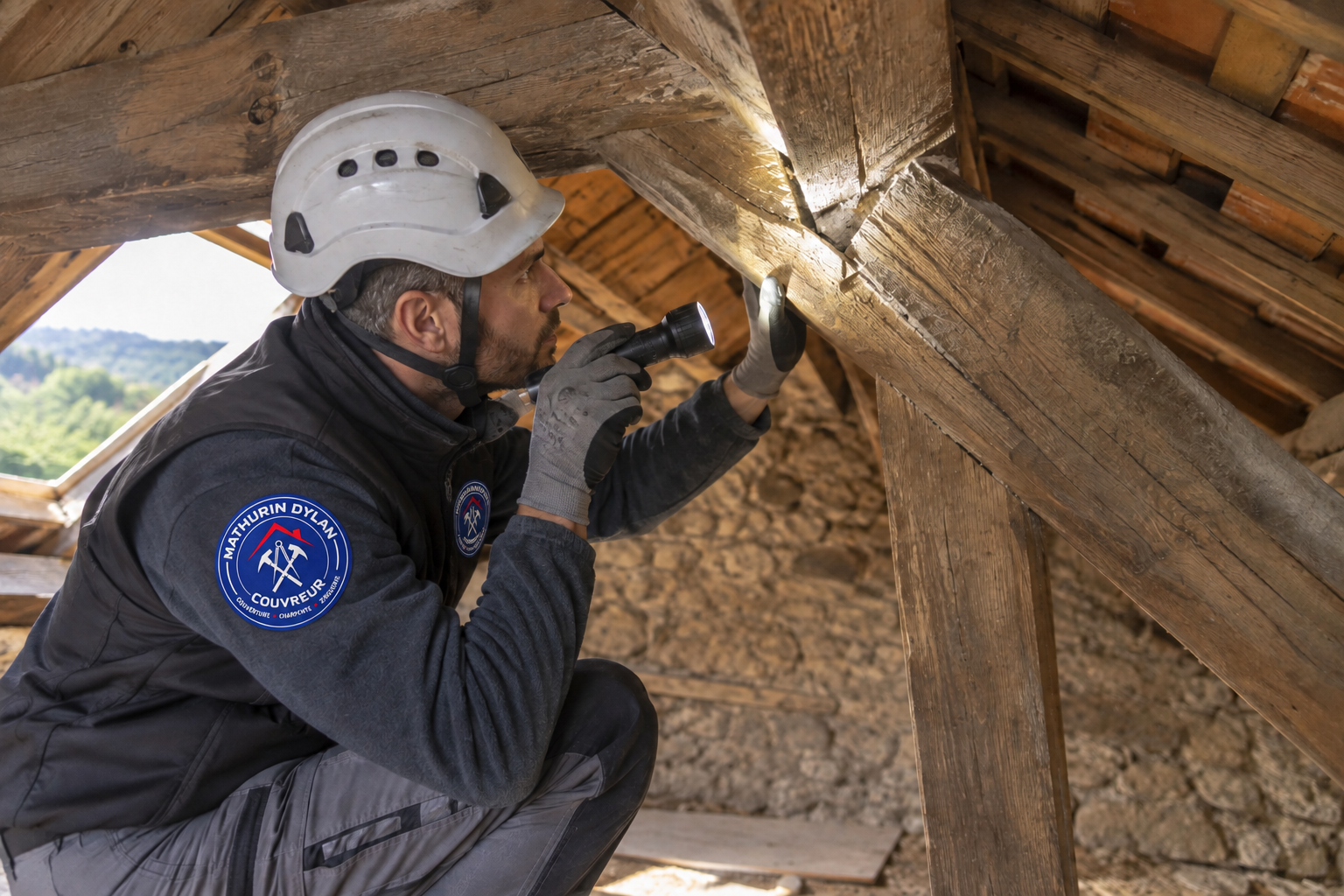 Inspection des assemblages d’une charpente en bois dans les combles d’une maison à Nîmes