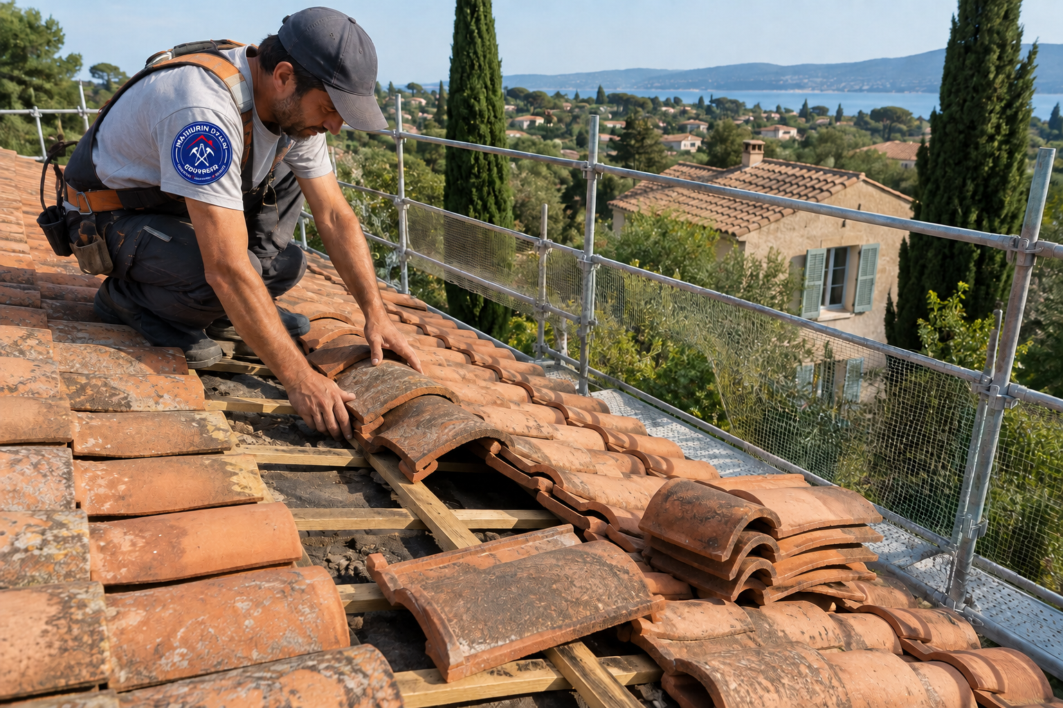 Inspection de tuiles déplacées et des liteaux sur une toiture du sud de la France.