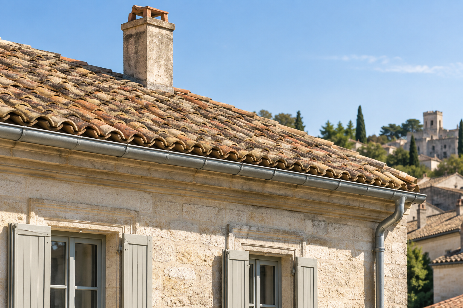 Zinguerie à Nîmes : gouttière en zinc sur une toiture en tuiles du sud de la France